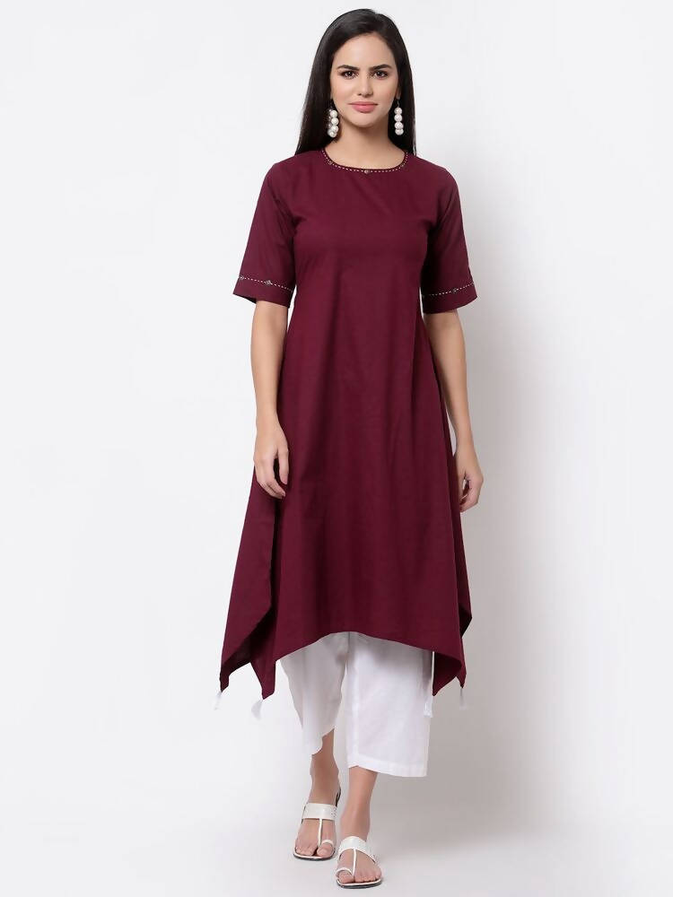 Myshka Women's Pure Cotton 3/4 Sleeve Round Neck Casual Maroon Dress | Grab2Buy