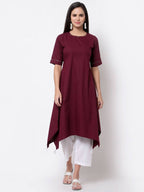 Myshka Women's Pure Cotton 3/4 Sleeve Round Neck Casual Maroon Dress | Grab2Buy