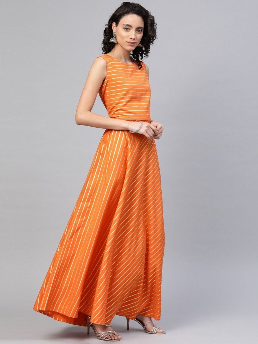 Ahalyaa Women's Orange Crepe Gold Print Top Skirt With Printed Jacket | Grab2Buy