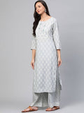 Yufta Grey and White Printed Kurta With Palazzo and Dupatta Set | Grab2Buy