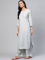 Yufta Grey and White Printed Kurta With Palazzo and Dupatta Set | Grab2Buy