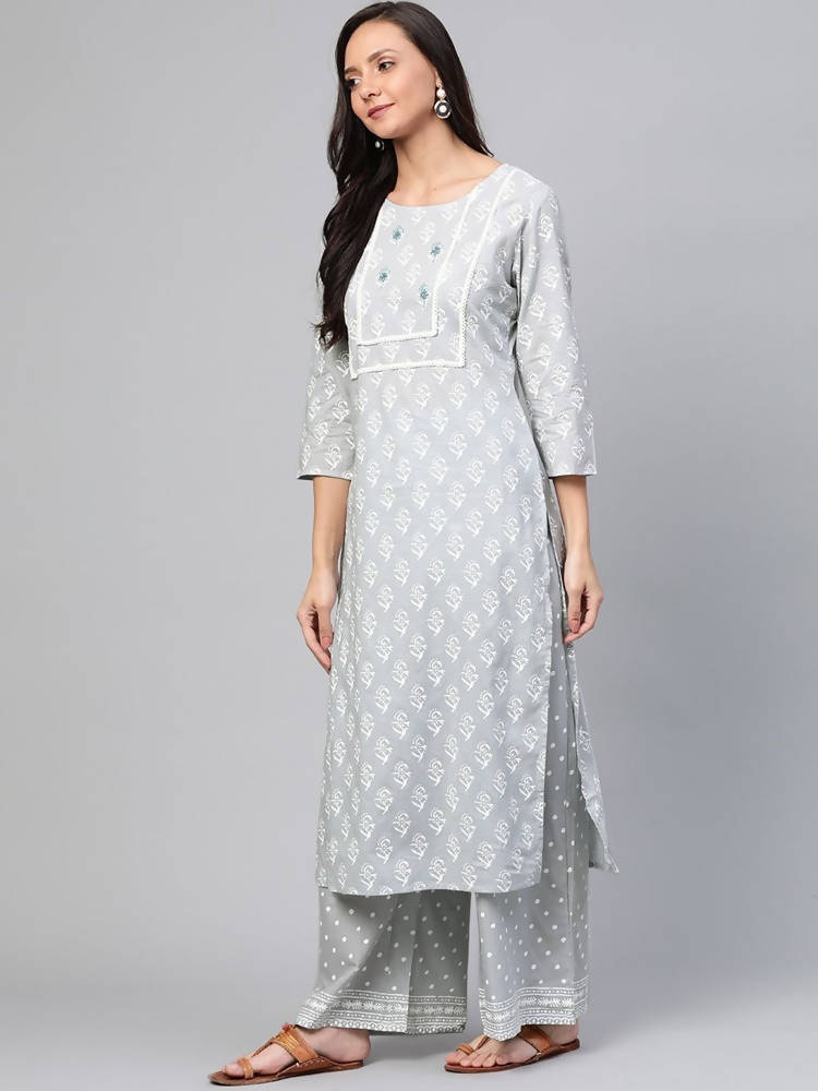Yufta Grey and White Printed Kurta With Palazzo and Dupatta Set | Grab2Buy