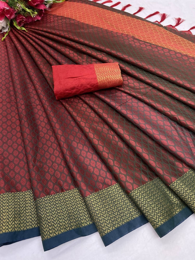 Vamika Banarasi Jacquard Weaving Red Color Saree | Grab2Buy
