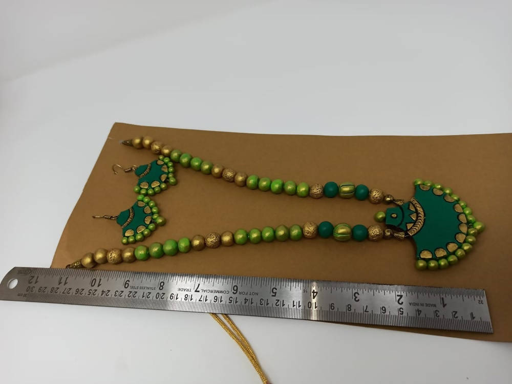 Terracotta Green Long Necklace Set with Matching Earrings | Grab2Buy