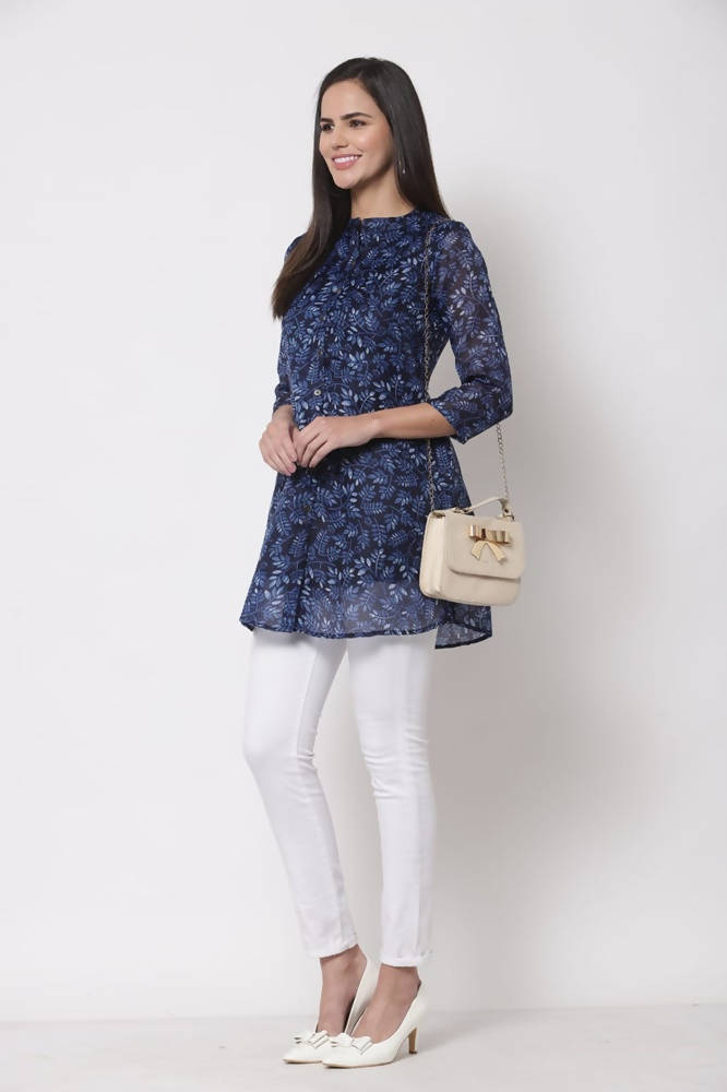 Myshka Women's Trendy Organza Printed 3/4 Sleeve Round Neck Casual Multicolor Tunic | Grab2Buy