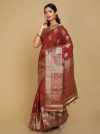 Kalamandir Peacock Print Red Silk Blend Saree | Grab2Buy