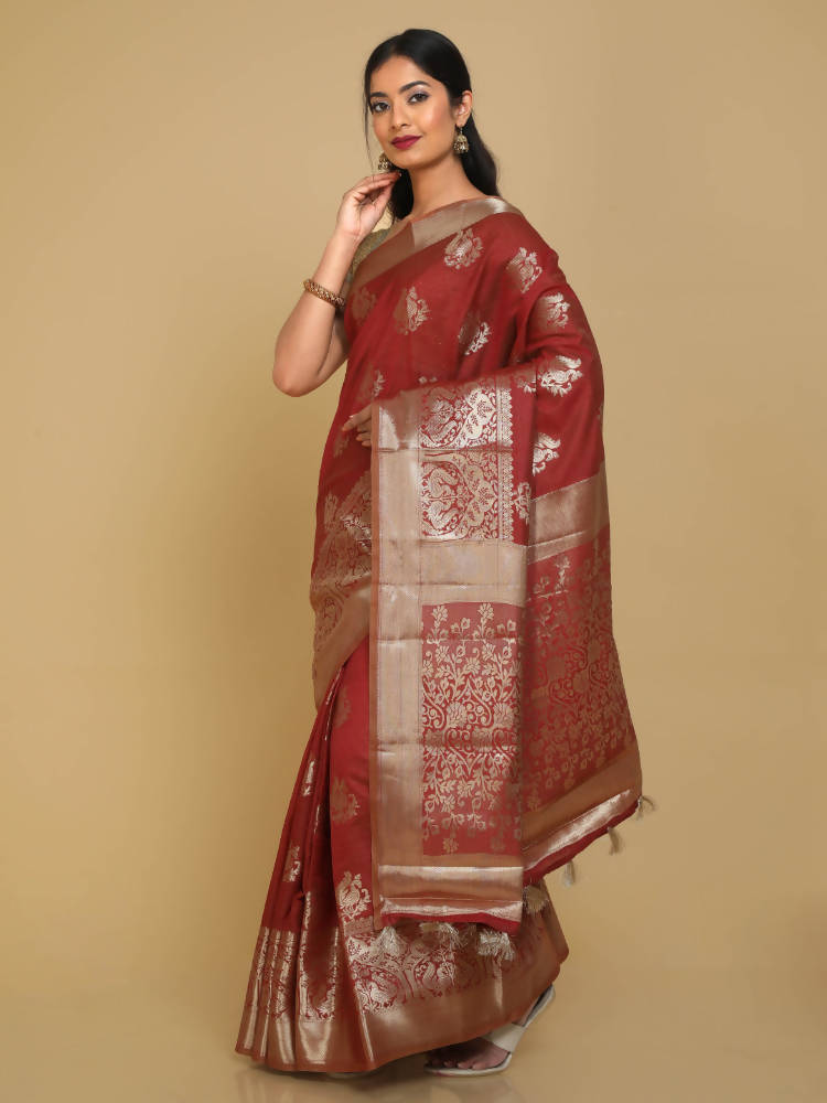 Kalamandir Peacock Print Red Silk Blend Saree | Grab2Buy