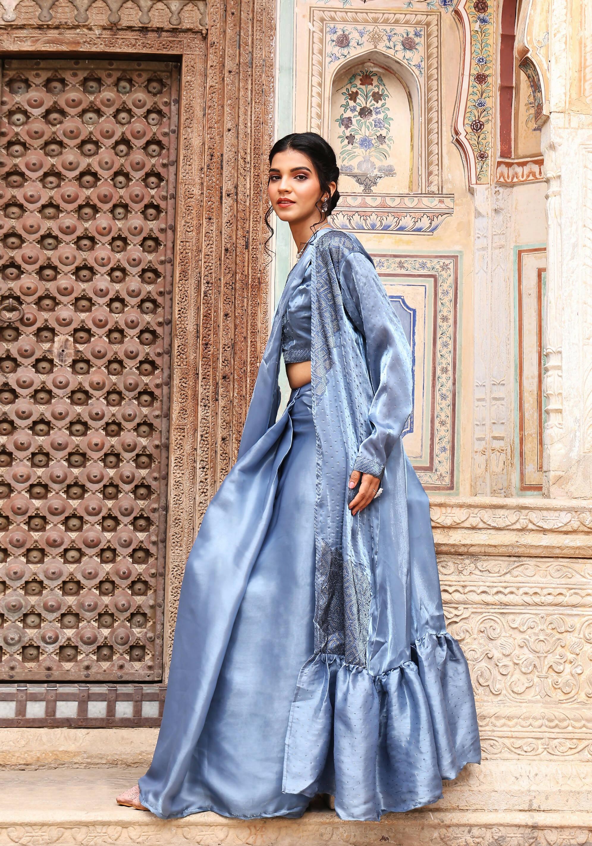 Sky Blue Tom Silk Plain Ready To Wear Saree With Stitched Blouse - Satiksha | Grab2Buy