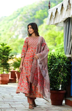 Yufta Women Red Floral Yoke Design Regular Aari Work Pure Cotton Kurta with Trouser & With Dupatta | Grab2Buy