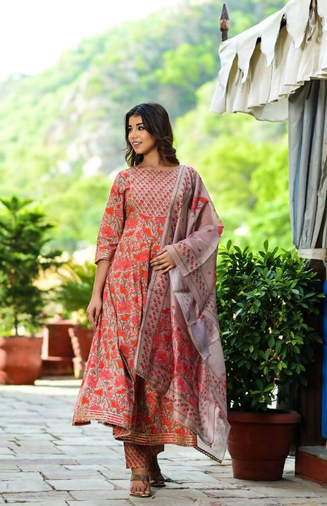 Yufta Women Red Floral Yoke Design Regular Aari Work Pure Cotton Kurta with Trouser & With Dupatta | Grab2Buy