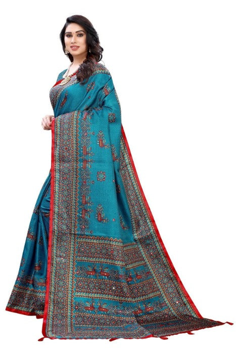 Vamika Blue Mirror Work With Jhalar Khadi Silk Saree (AASHI BLUE) | Grab2Buy