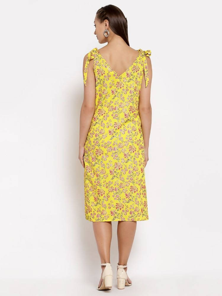 Myshka Women's Yellow Cotton Printed Sleeveless V Neck Casual Dress | Grab2Buy