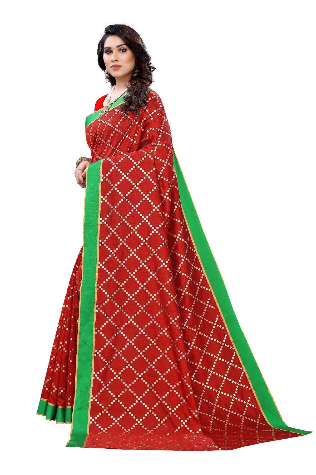 Vamika Red Linen Foil Print Saree (YOGI RED) | Grab2Buy