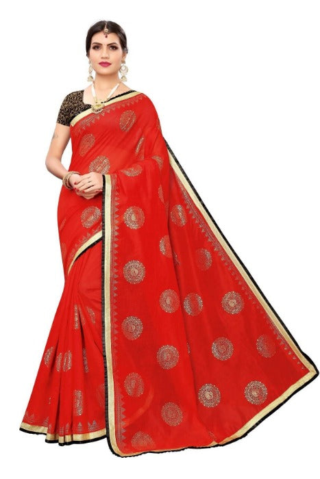 Vamika Chanderi Cotton Foil Print Red Saree (GOLDEN BIRD Red) | Grab2Buy