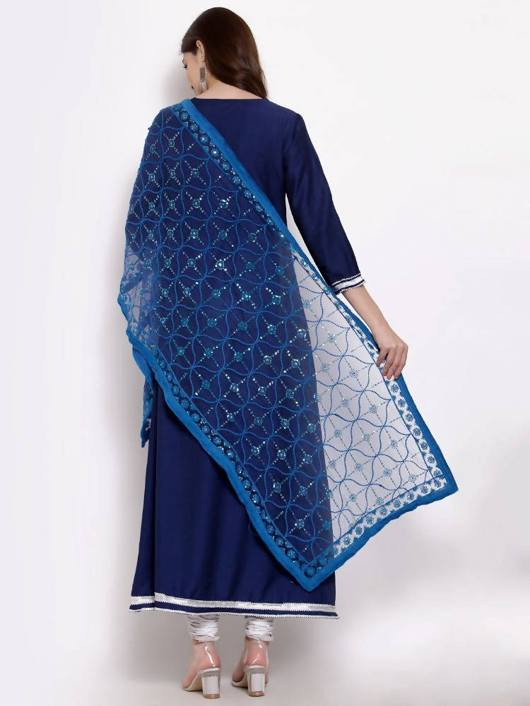 Myshka Women's Navy Blue Cotton 3/4 Sleeve V Neck Solid Casual Anarkali Kurta Dupatta Set | Grab2Buy