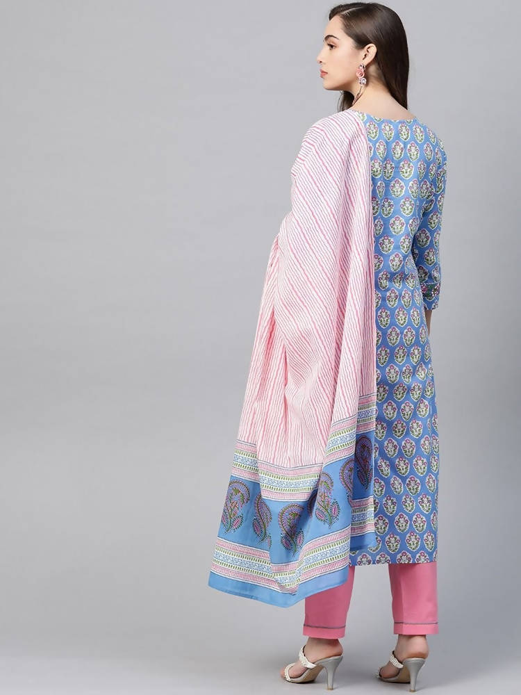 Yufta Women Blue & Pink Handblock Printed Pure Cotton Kurta with Trouser & Dupatta | Grab2Buy