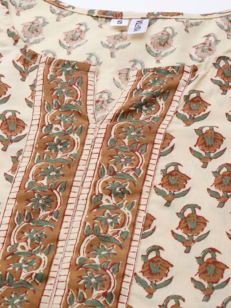 Yufta Women Beige Ethnic Motifs Printed Pure Cotton Kurta with Trouser & Dupatta | Grab2Buy