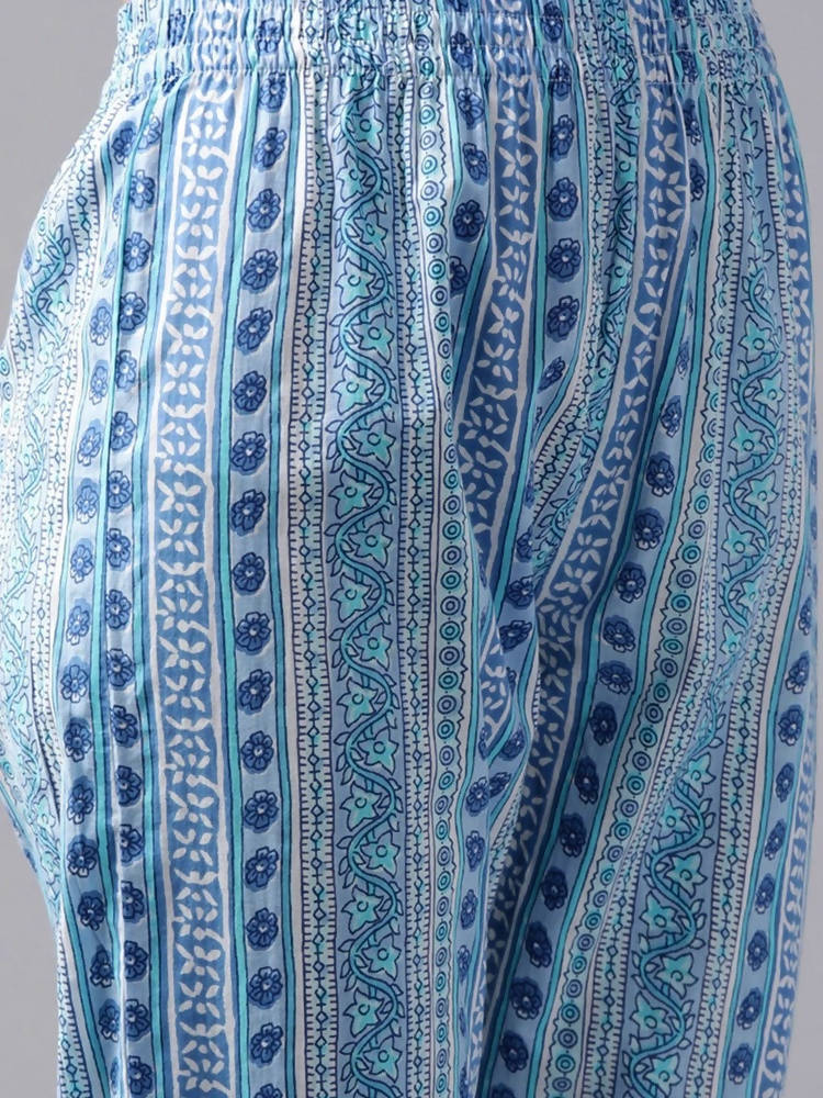 Yufta Women White & Blue Ethnic Hand Block Print Pure Cotton Kurta with Trouser & Dupatta | Grab2Buy