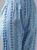 Yufta Women White & Blue Ethnic Hand Block Print Pure Cotton Kurta with Trouser & Dupatta | Grab2Buy