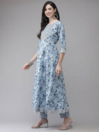 Yufta Women Blue Floral Printed Regular Pure Cotton Kurta with Trouser With Dupatta | Grab2Buy