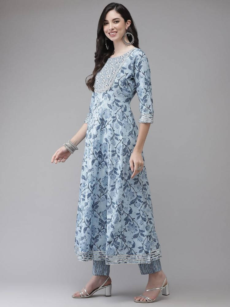 Yufta Women Blue Floral Printed Regular Pure Cotton Kurta with Trouser With Dupatta | Grab2Buy