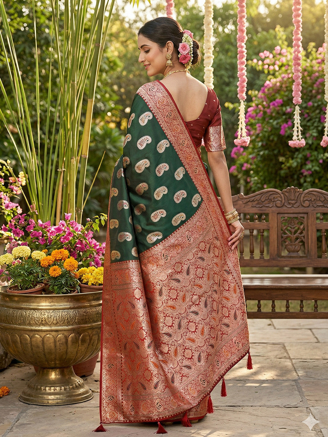 Anaita D Green Silk Blend Woven Saree With Blouse | Grab2Buy