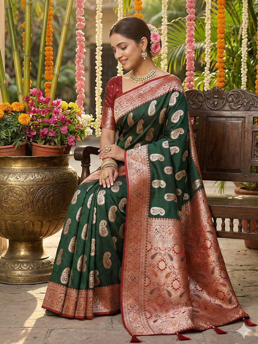 Anaita D Green Silk Blend Woven Saree With Blouse | Grab2Buy
