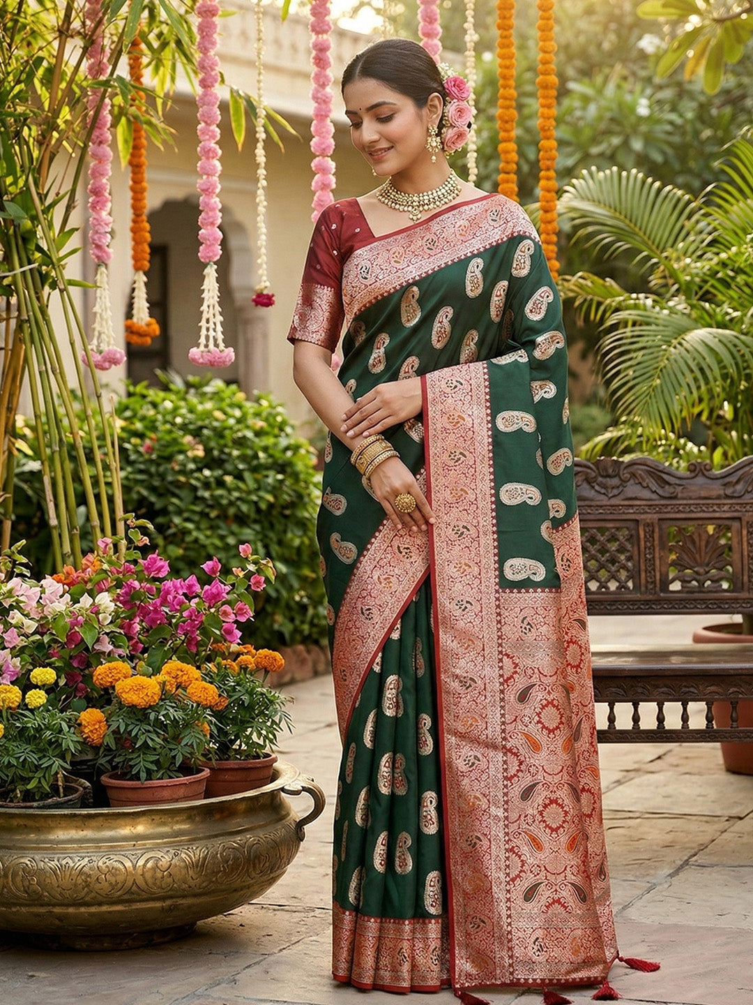 Anaita D Green Silk Blend Woven Saree With Blouse | Grab2Buy