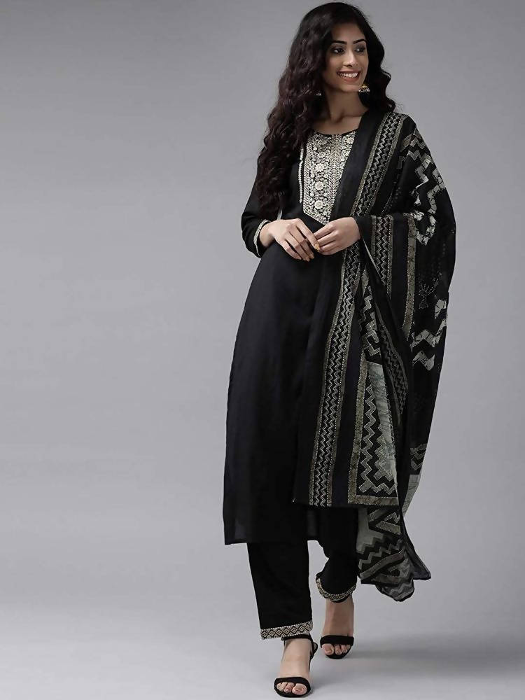 Yufta Women Black & Beige Yoke Design Kurta with Trouser & Dupatta | Grab2Buy