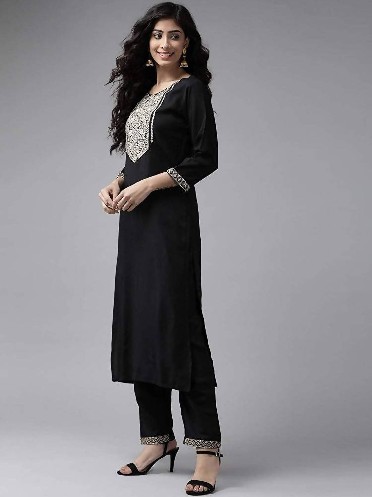 Yufta Women Black & Beige Yoke Design Kurta with Trouser & Dupatta | Grab2Buy