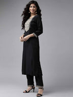 Yufta Women Black & Beige Yoke Design Kurta with Trouser & Dupatta | Grab2Buy