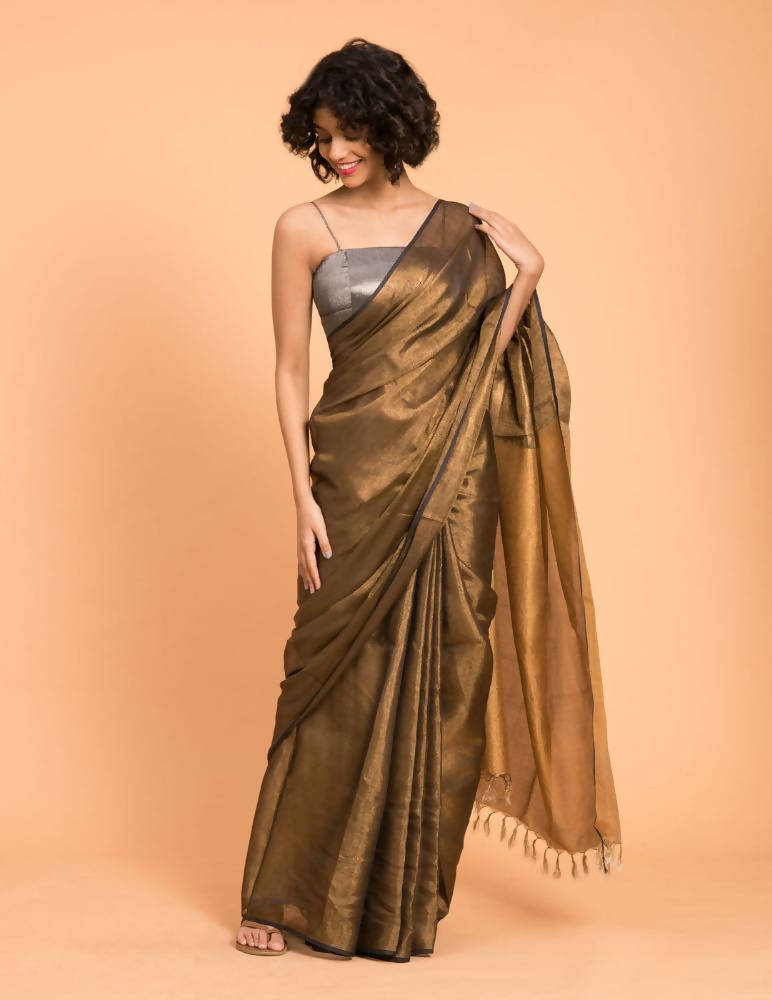 Suta Black Gold Woven Design Zari Pure Linen Saree | Grab2Buy