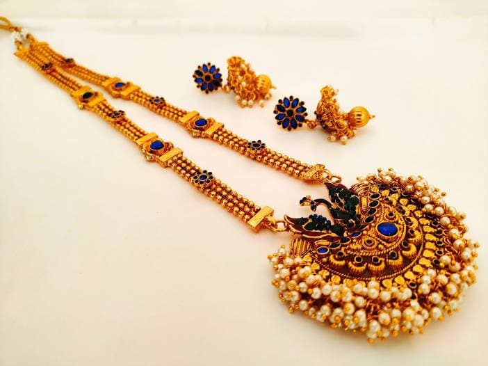 Blue Kemp Peacock Long Necklace Set | Grab2Buy