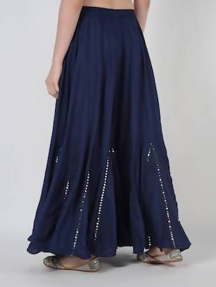 Mominos Fashion Navy Blue Viscose Rayon Flared Palazzo with Mirror Lace Work | Grab2Buy