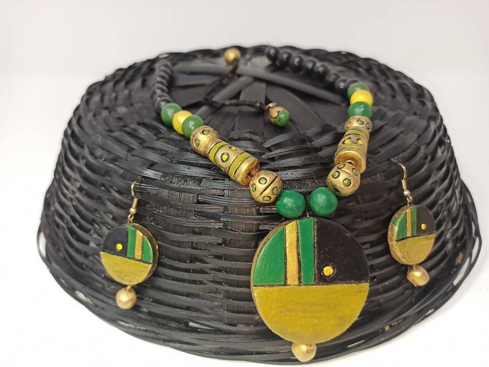 Terracotta Round Pendant Boho Style Medium Necklace Set With Hangings | Grab2Buy