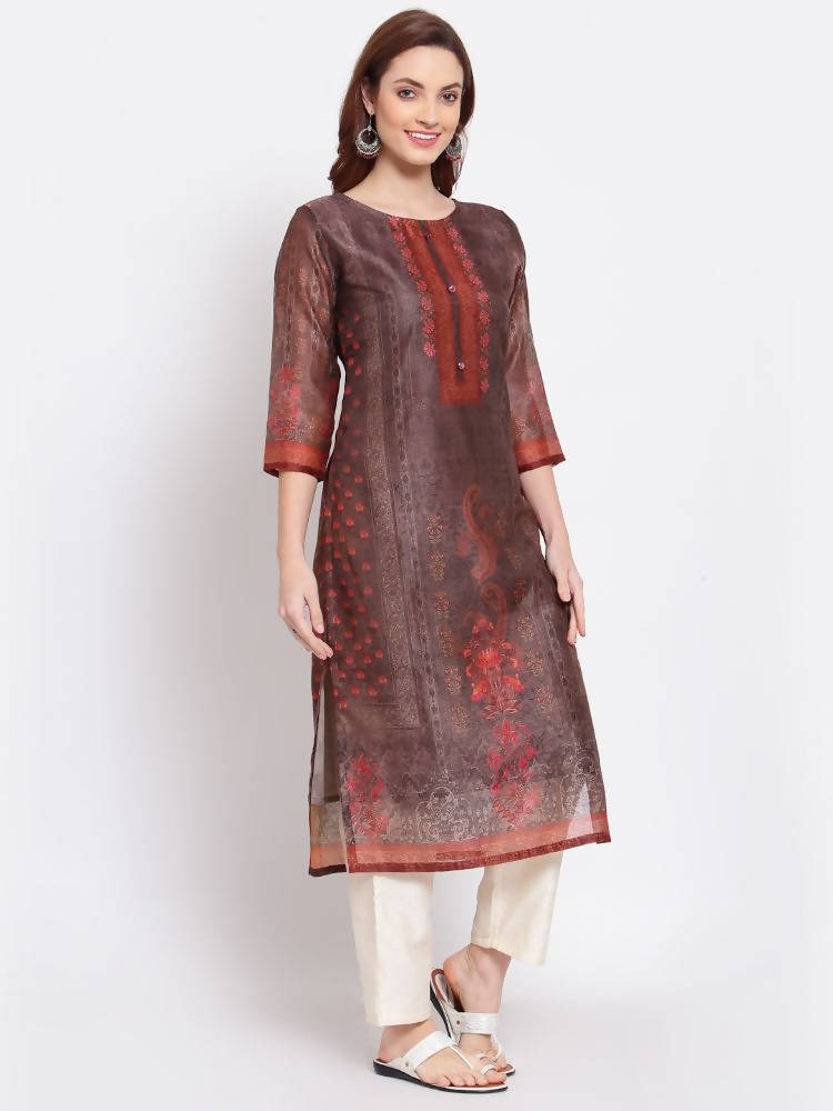 Myshka Women's Multi Printed Chanderi Silk 3/4 Sleeve Round Neck Casual Kurta | Grab2Buy