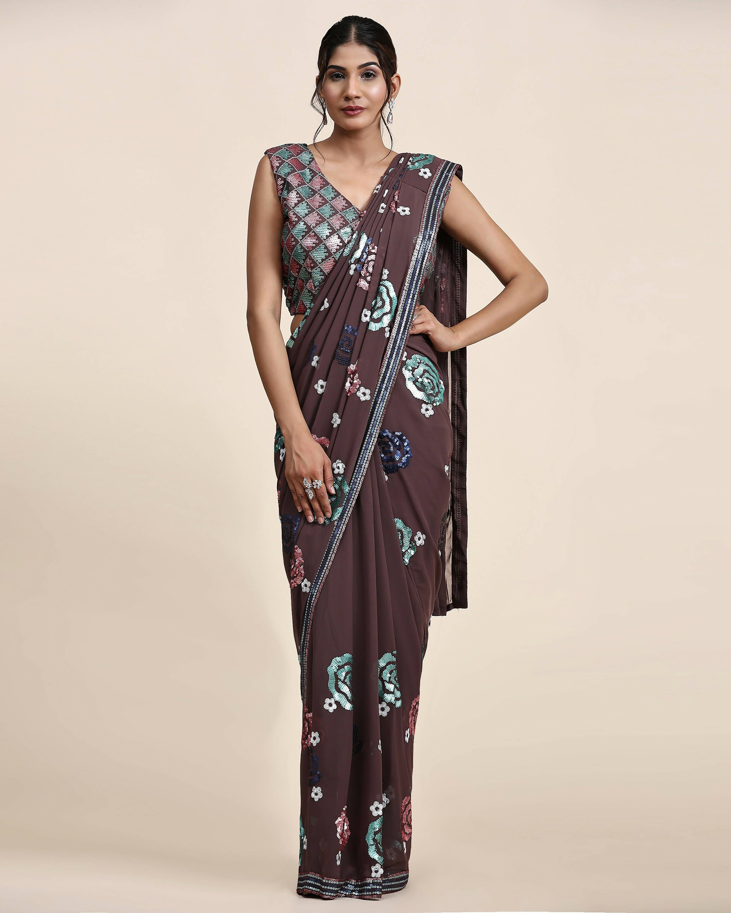 Brown Pure Georgette Sequence work Ready to wear Saree with stitched Blouse - Nirvana | Grab2Buy