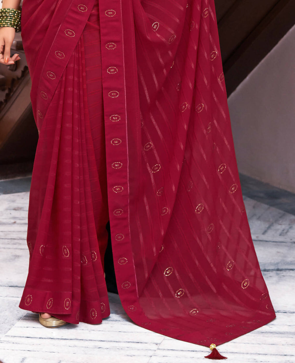 Maroon Georgette Swaroski Work Saree With Unstitched Blouse Piece - Juhi | Grab2Buy