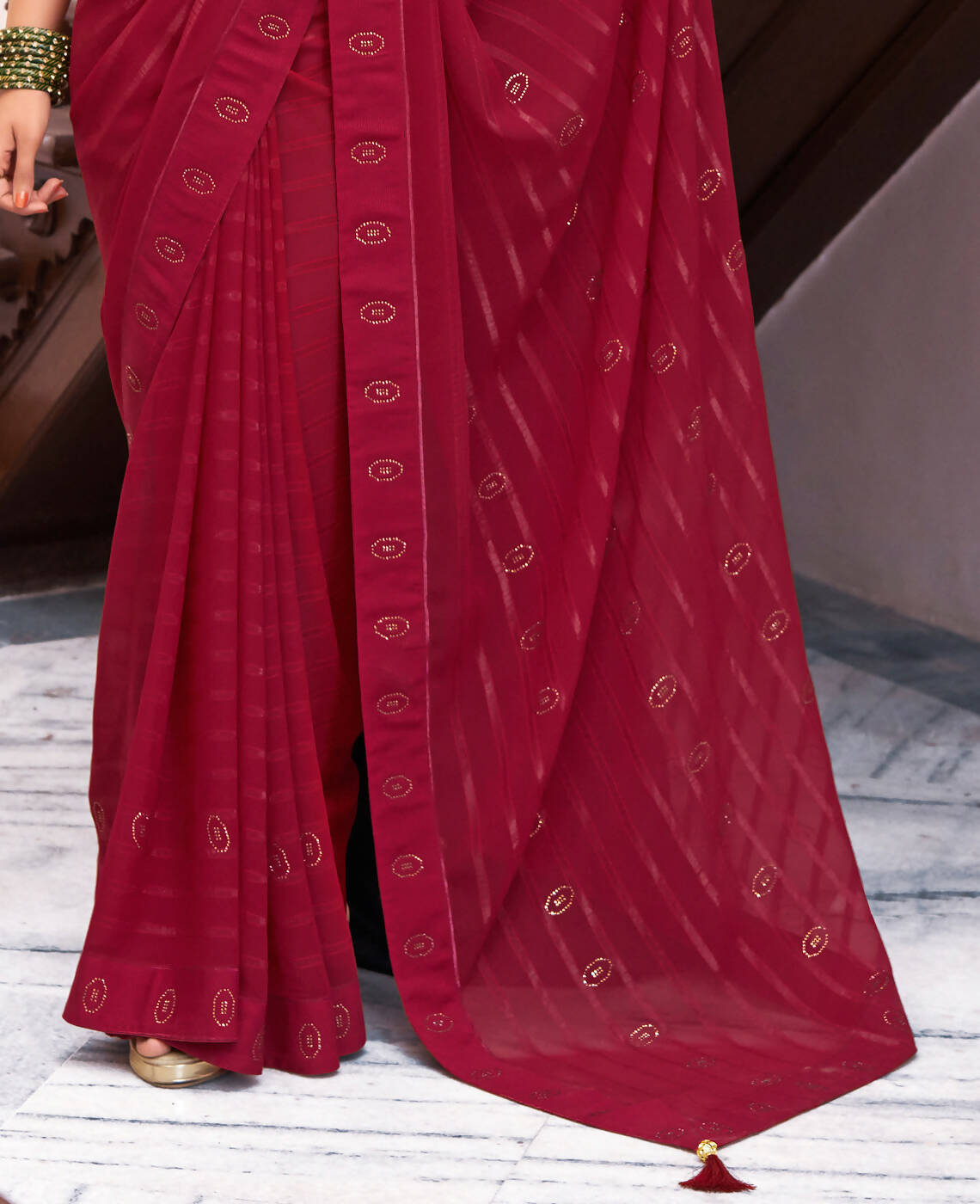 Maroon Georgette Swaroski Work Saree With Unstitched Blouse Piece - Juhi | Grab2Buy