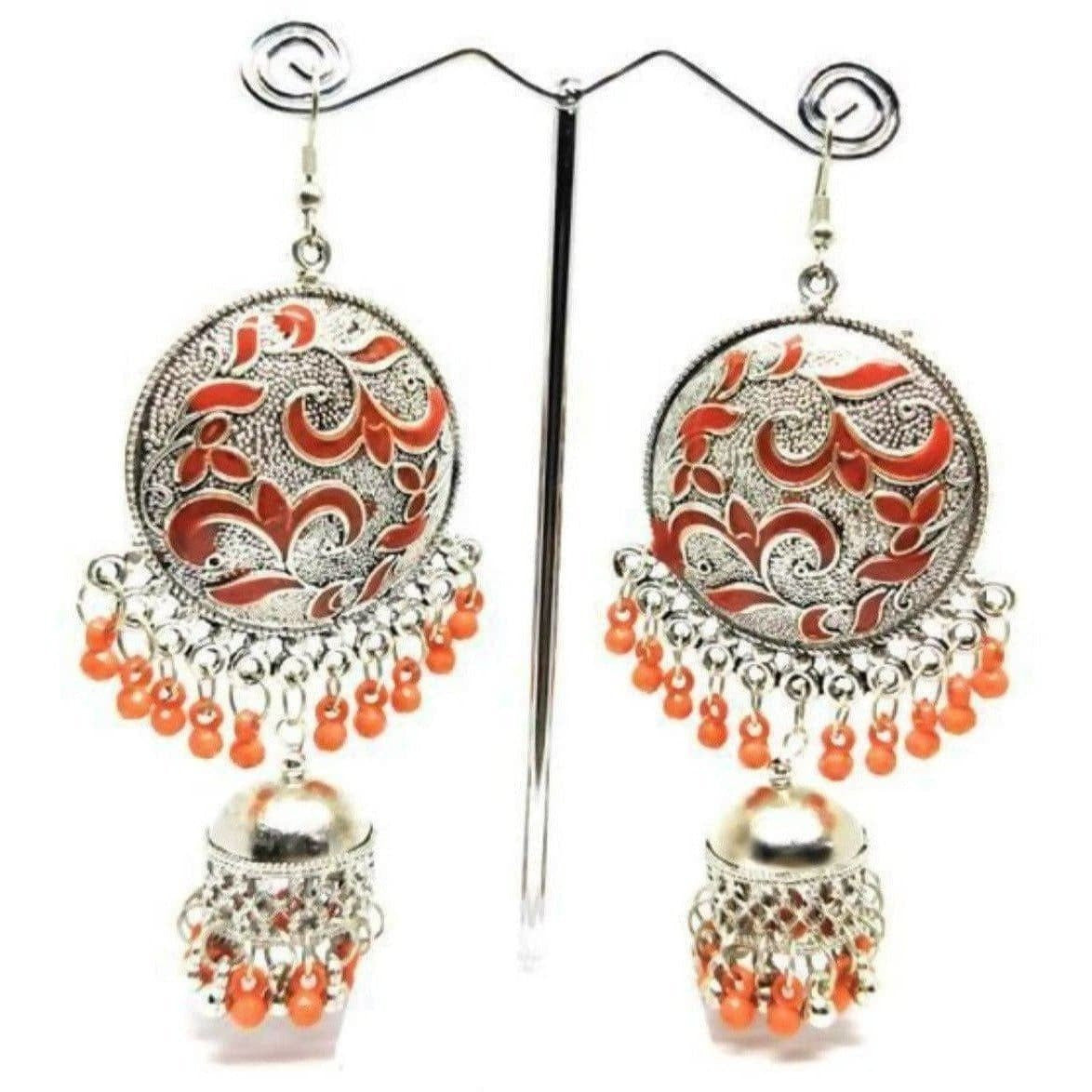 MS Fashion India Muskan Fancy Glass Pearl Orange Enamel Chandbali Jhumka Earrings | Grab2Buy
