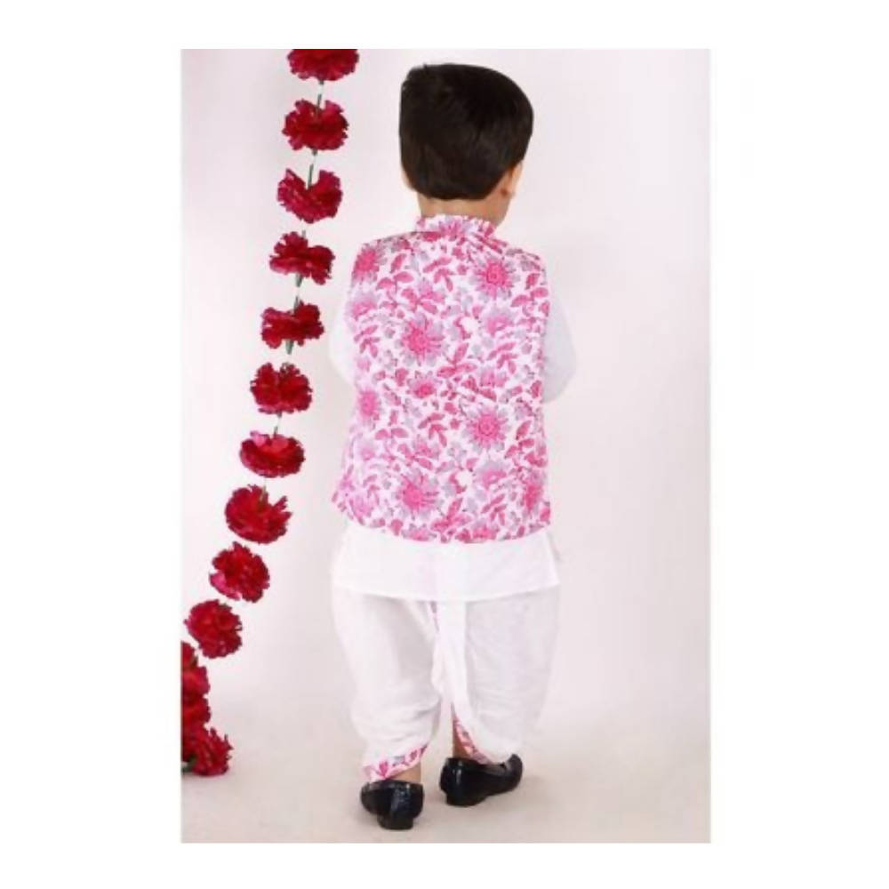 Little Bansi Boys Pink and White Color Bengali Kantha work floral Jacket with Kurta and Dhoti | Grab2Buy