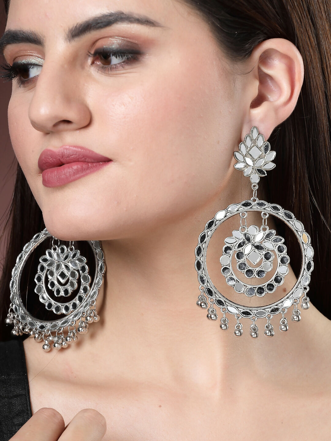 NVR Women's Silver-Toned Mirror Work Oxidised Contemporary Drop Earrings | Grab2Buy