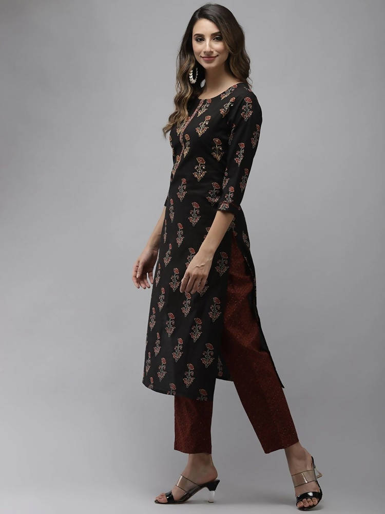 Yufta Women Black & Rust Brown Ethnic Motifs Printed Kantha Work Pure Cotton Kurta Set | Grab2Buy