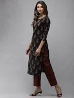 Yufta Women Black & Rust Brown Ethnic Motifs Printed Kantha Work Pure Cotton Kurta Set | Grab2Buy