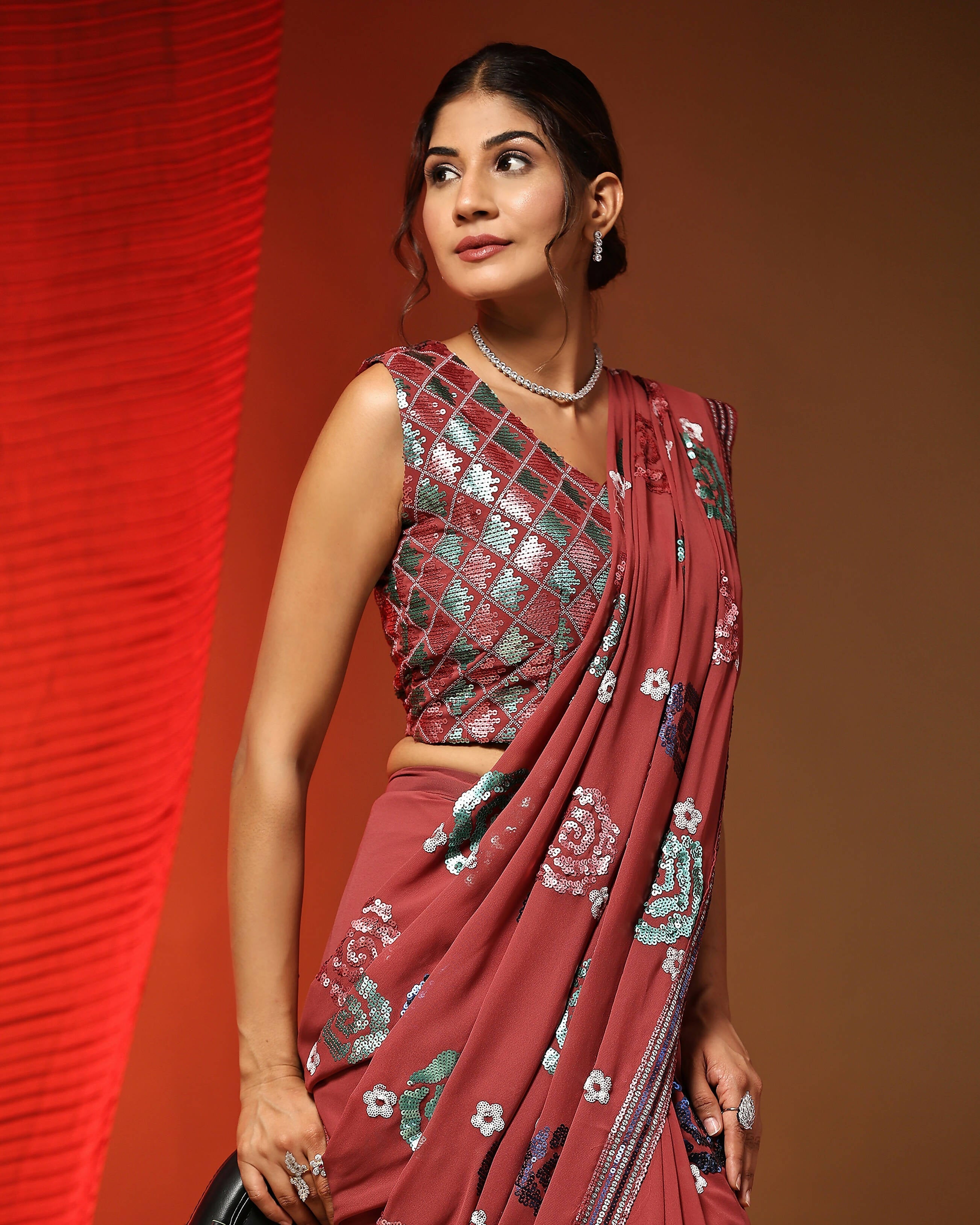 Peach Pure Georgette Sequence work Ready to wear Saree with stitched Blouse - Nirvana | Grab2Buy