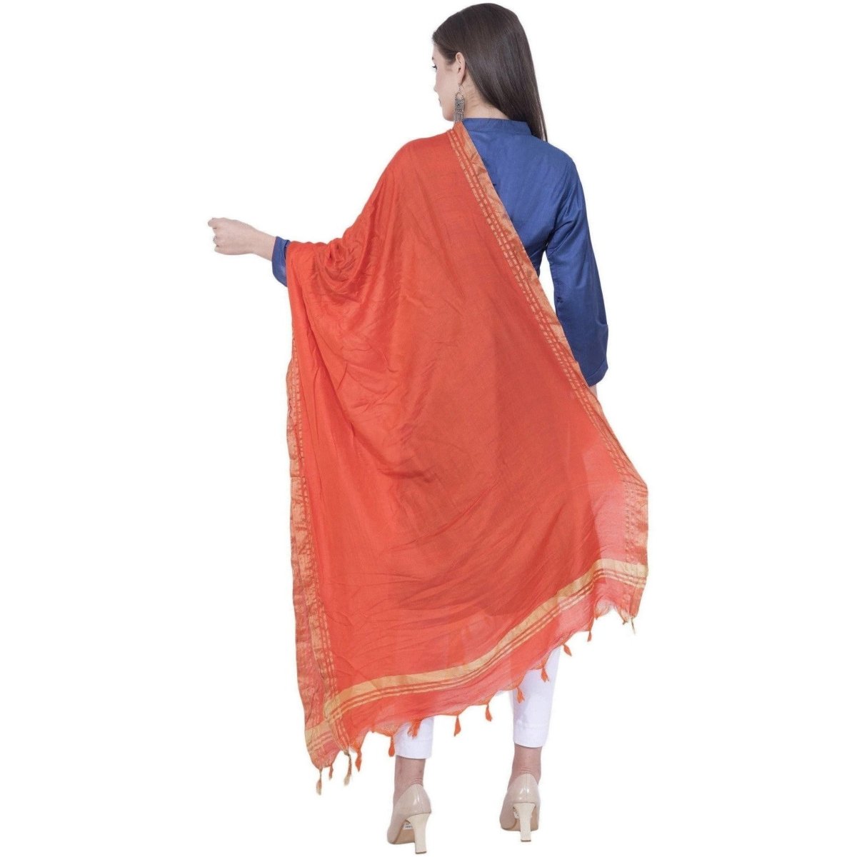 A R Silk Orange Color Golden Border Cotton Dupattas and Chunnis | Grab2Buy