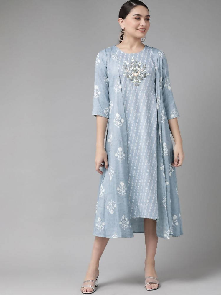 Yufta Women Blue & White Floral Printed Ethnic A-Line Midi Dress with Jacket | Grab2Buy
