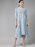Yufta Women Blue & White Floral Printed Ethnic A-Line Midi Dress with Jacket | Grab2Buy