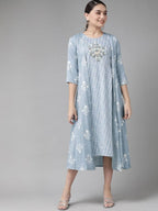 Yufta Women Blue & White Floral Printed Ethnic A-Line Midi Dress with Jacket | Grab2Buy