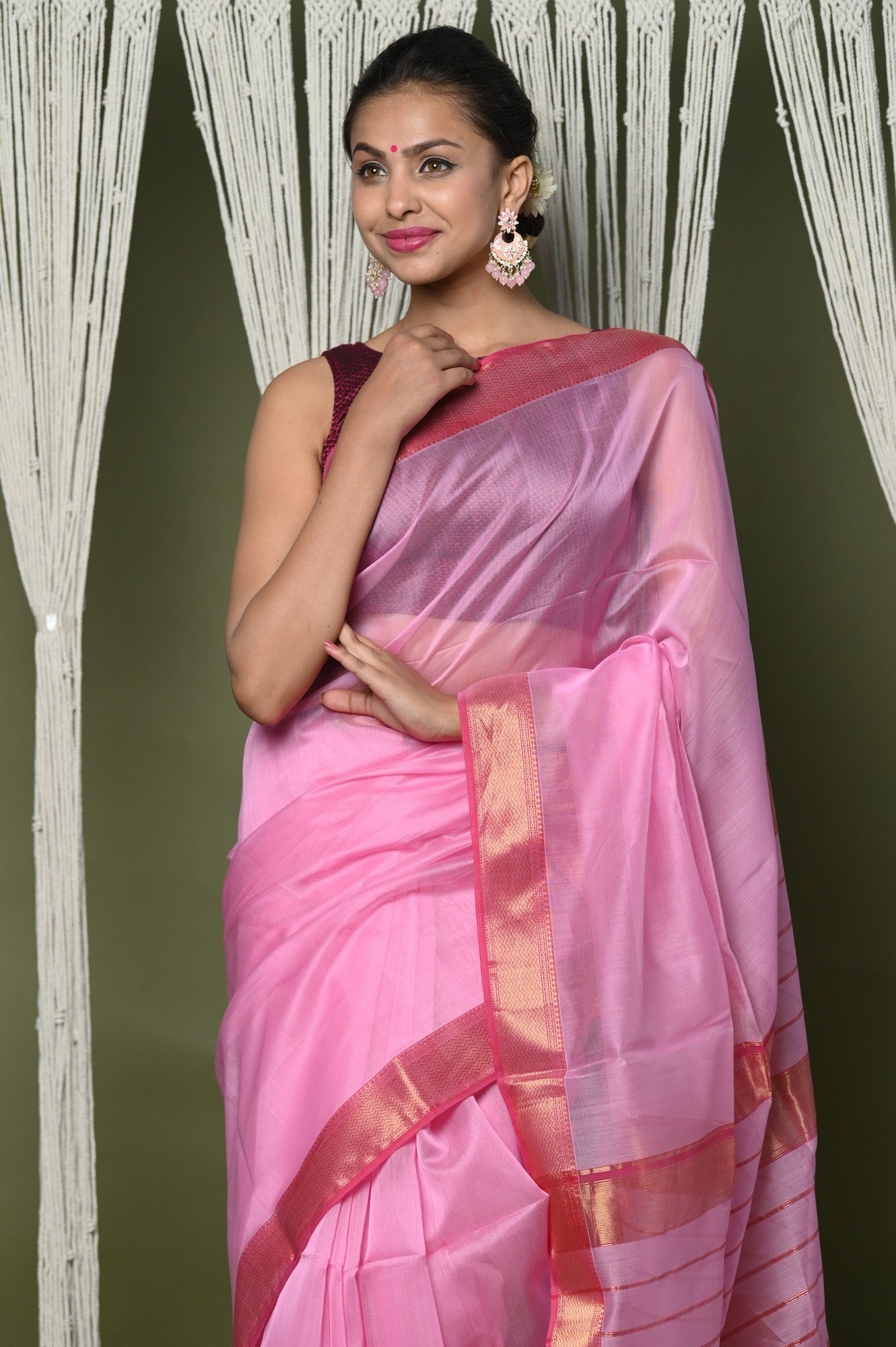 Very Much Indian Handloom Cotton Silk Saree With Sleek Golden Border - rose pink | Grab2Buy